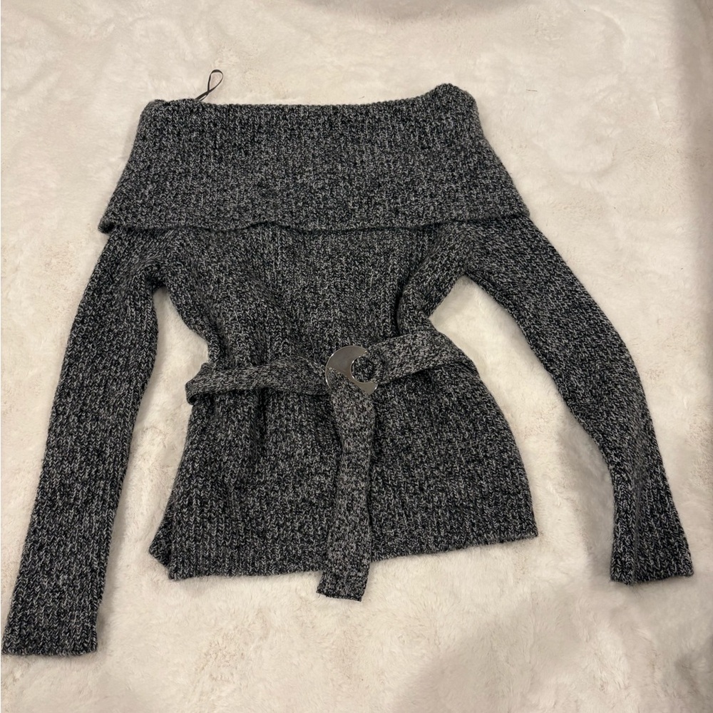 Zara Charcoal Marled Off-Shoulder Belted Sweater - Picture 1 of 1